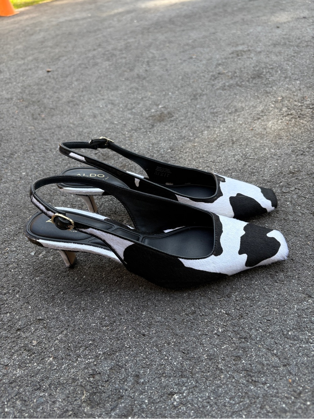 Aldo Black and White Cow-Print Slingback Kitten Heels